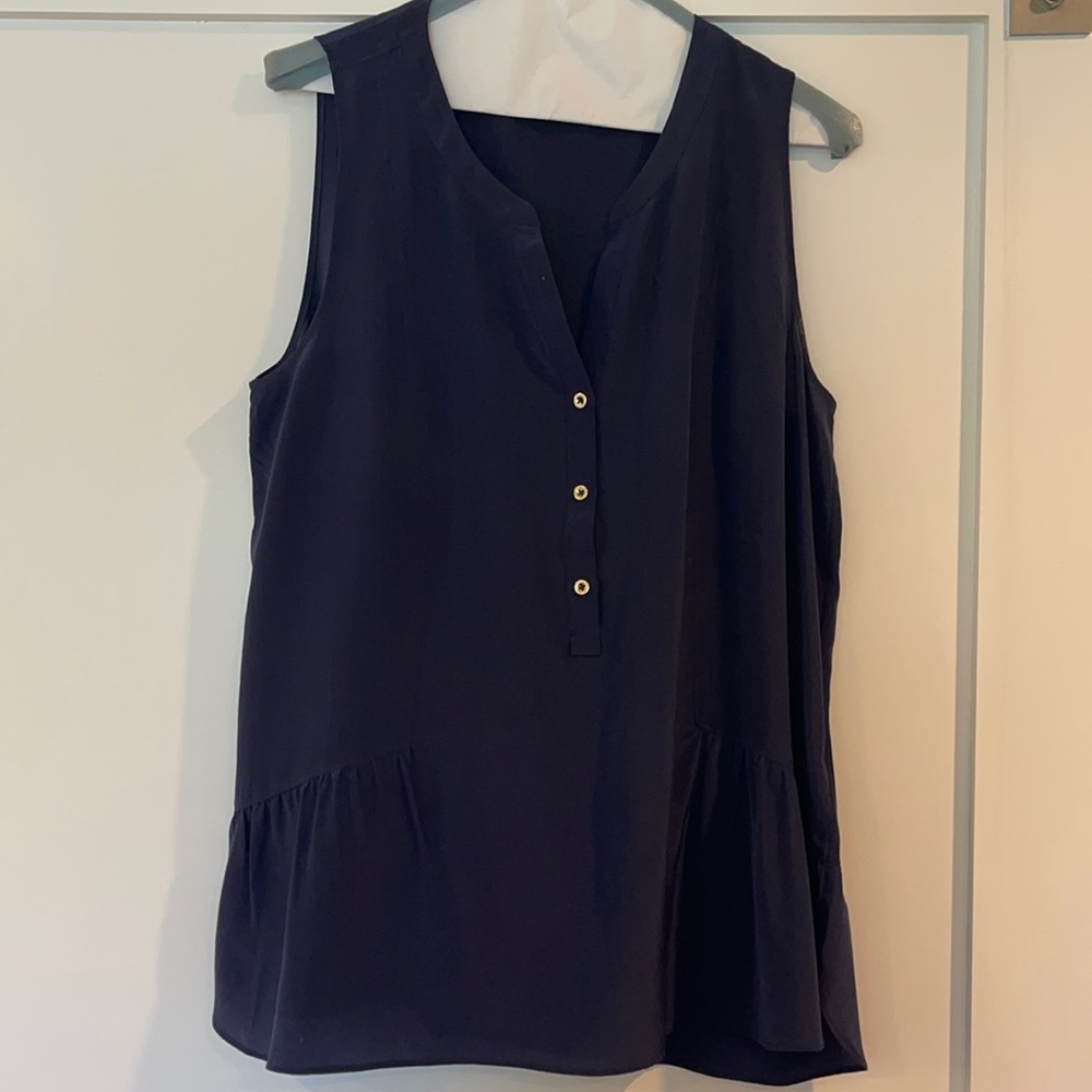 Lilly Pulitzer peplum navy blue top EEEUC 100%silk